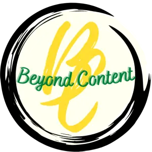 Beyond Content logo. Black enso symbol with yellow stylized BC in the middle and Beyond Content in green written across it
