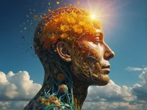 Bright_closeup_shot_of_a_persons_head_and_shoulders. with detailed vibrant flowers glowing through his transparent skin. rewire your brain for positivitiy