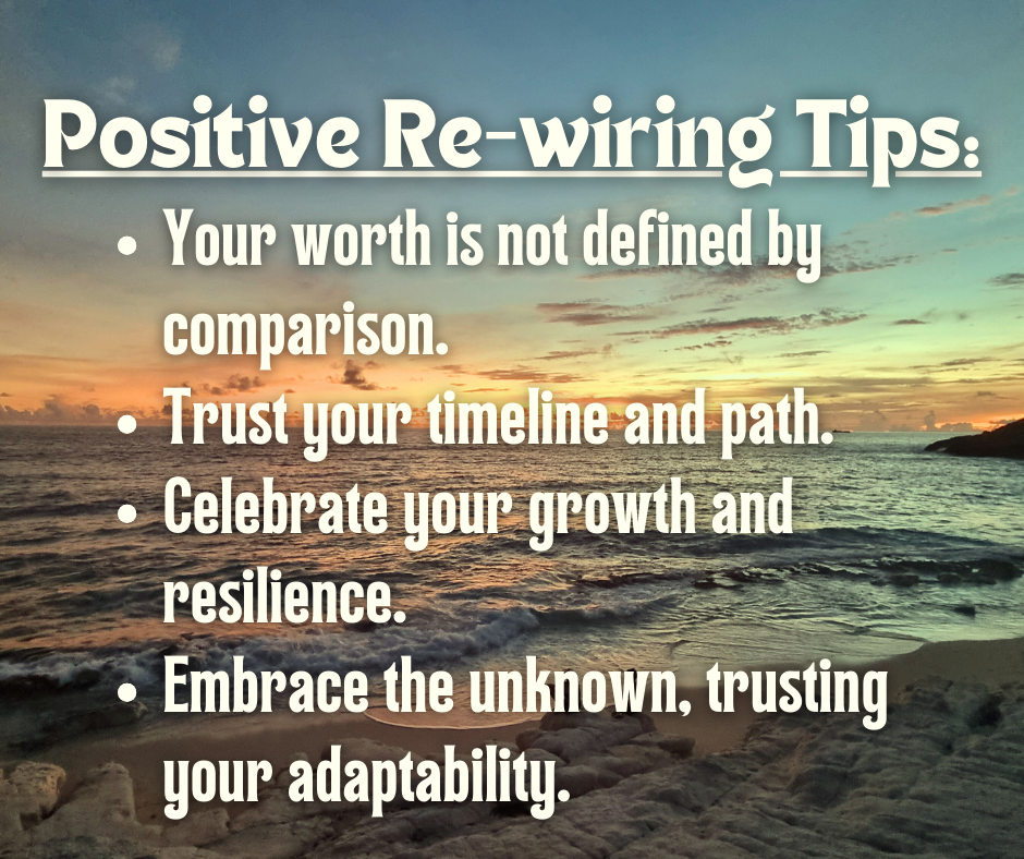 Positive Re-wiring Tips Visual Content: Vibrant List Details for Creation: Use a sunrise palette (deep orange to soft yellow). List includes: Your worth is not defined by comparison. Trust your timeline and path. Celebrate your growth and resilience. Embrace the unknown, trusting your adaptability. rewire your brain