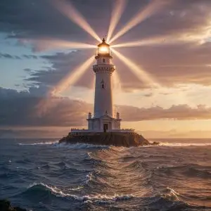A strong, beautiful lighthouse standing on a rocky shore, its powerful beam shining out over a calm sea at dawn.