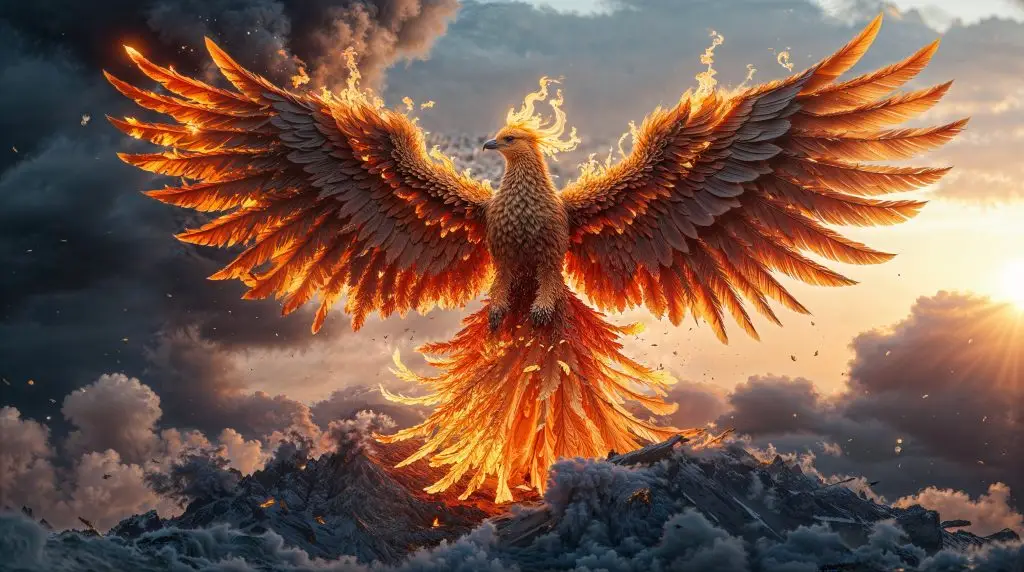 A magnificent and powerful phoenix made of fire and golden light, rising triumphantly from ashes against a hopeful sunrise.
